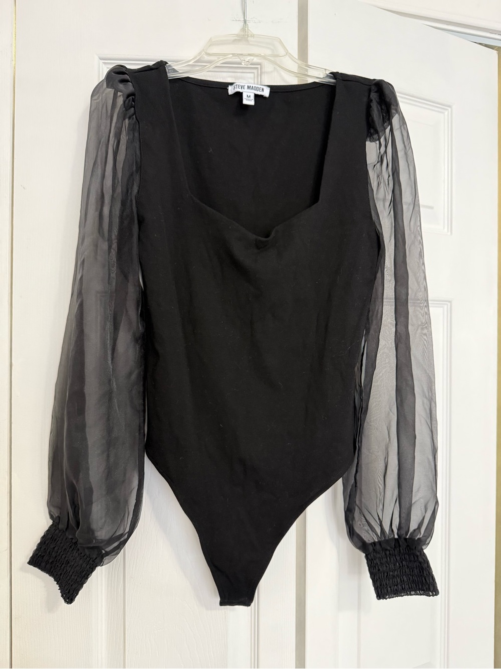 Steve Madden Black Sheer Puff-Sleeve Bodysuit